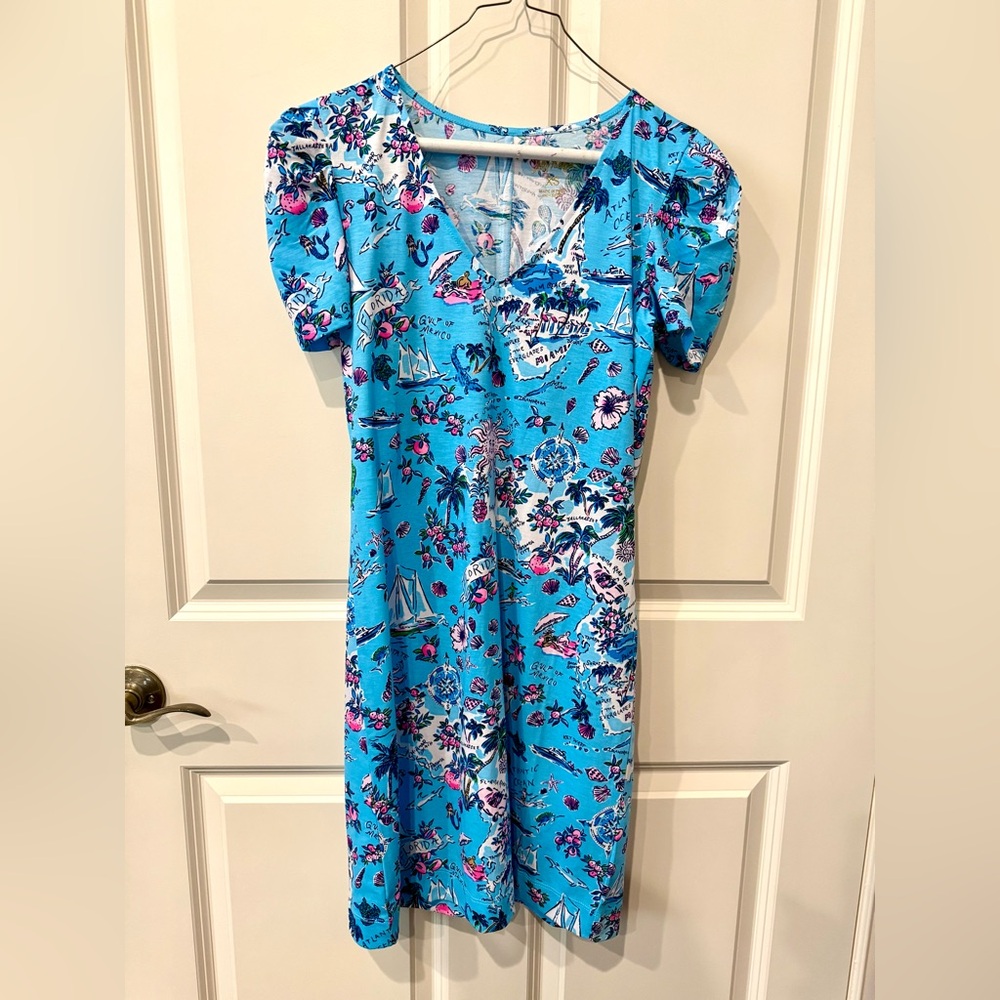 NWT Lilly Pulitzer Aleece short sleeve dress in amalfi blue Lilly’s roadtrip, XS